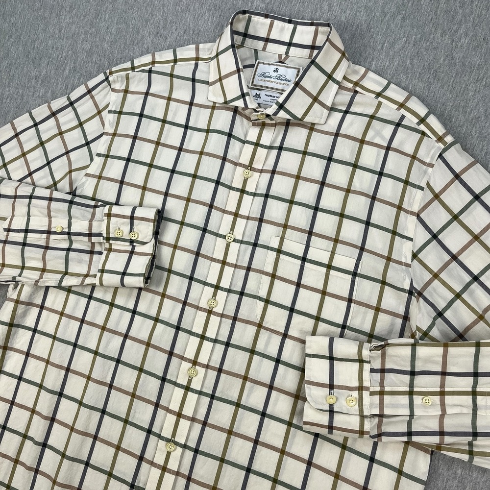 Brooks Brothers Thomas Mason Luxury Shirt Mens 16/35 Ivory Windowpane Italian